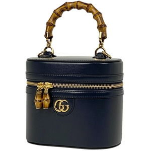Gucci Bamboo Shoulder Bag Vanity GG Leather Navy Blue